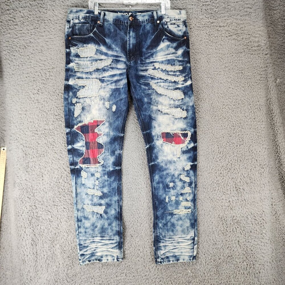 Born Fly Jeans Mens 40 Medium Wash Stretch Mid Rise Distressed Patch Streetwear